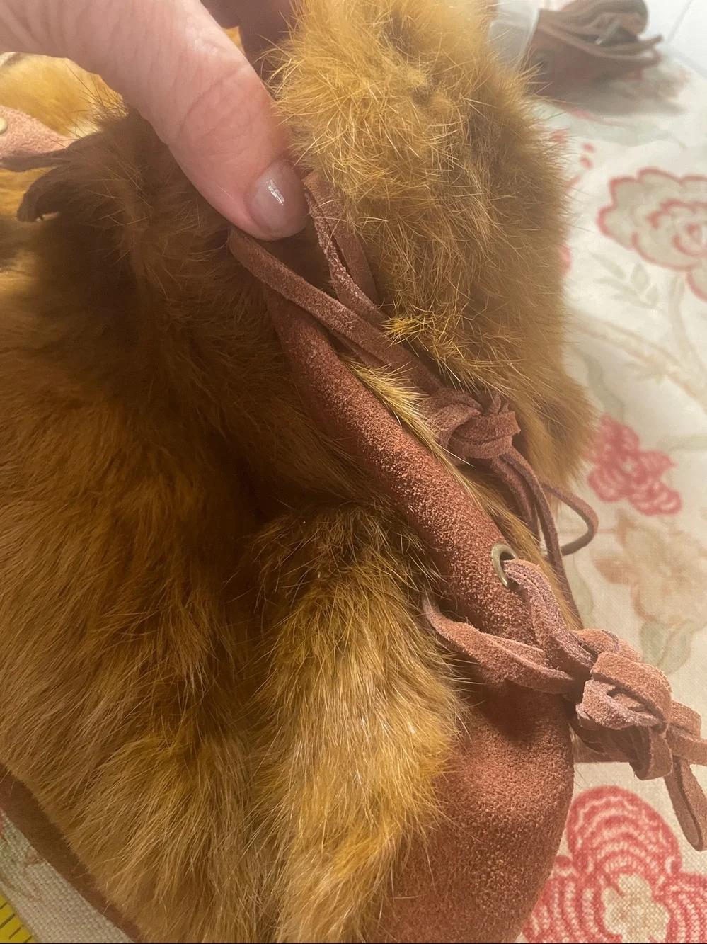 FEFA Suede Side  Fringe Rabbit Fur Hobo Bag in Chestnut Brown